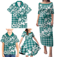 Hibiscus Pakala Aqua Teal Family Matching Puletasi and Hawaiian Shirt Tropical Floral Stylized - Polynesian Pride