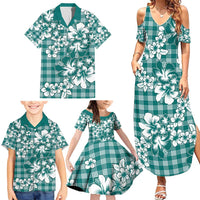Hibiscus Pakala Aqua Teal Family Matching Summer Maxi Dress and Hawaiian Shirt Tropical Floral Stylized - Polynesian Pride