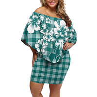 Hibiscus Pakala Aqua Teal Off Shoulder Short Dress Tropical Floral Stylized - Polynesian Pride