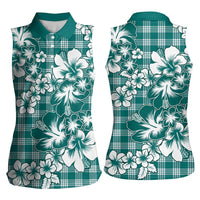 Hibiscus Pakala Aqua Teal Women Sleeveless Polo Shirt Tropical Floral Stylized - Polynesian Pride