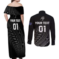 Custom New Zealand Cricket Couples Matching Off Shoulder Maxi Dress and Long Sleeve Button Shirt Maori Kiwi Black Fern