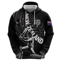 Custom New Zealand Cricket Zip Hoodie Maori Kiwi Black Fern