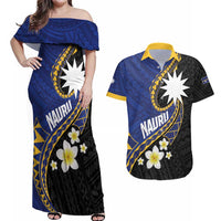Personalised Nauru Couples Matching Off Shoulder Maxi Dress and Hawaiian Shirt Naoero Proud Plumeria