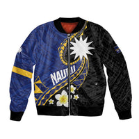 Personalised Nauru Sleeve Zip Bomber Jacket Naoero Proud Plumeria LT01 Unisex Blue - Polynesian Pride