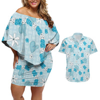 Hawaii Anthurium Tiare Pikake Lei Couples Matching Off Shoulder Short Dress and Hawaiian Shirt UliUli Lauhala Art Pattern LT01 Blue - Polynesian Pride