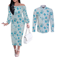 Hawaii Anthurium Tiare Pikake Lei Couples Matching Off The Shoulder Long Sleeve Dress and Long Sleeve Button Shirt UliUli Lauhala Art Pattern LT01 Blue - Polynesian Pride