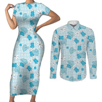 Hawaii Anthurium Tiare Pikake Lei Couples Matching Short Sleeve Bodycon Dress and Long Sleeve Button Shirt UliUli Lauhala Art Pattern LT01 Blue - Polynesian Pride