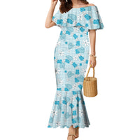 Hawaii Anthurium Tiare Pikake Lei Family Matching Mermaid Dress and Hawaiian Shirt UliUli Lauhala Art Pattern LT01 Mom's Dress Blue - Polynesian Pride