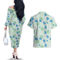 Hawaii Anthurium Tiare Pikake Lei Couples Matching Off The Shoulder Long Sleeve Dress and Hawaiian Shirt Omaomao Lauhala Art Pattern LT01 - Polynesian Pride