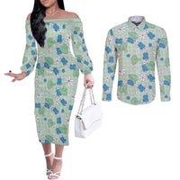 Hawaii Anthurium Tiare Pikake Lei Couples Matching Off The Shoulder Long Sleeve Dress and Long Sleeve Button Shirt Omaomao Lauhala Art Pattern LT01 Green - Polynesian Pride