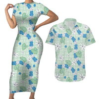 Hawaii Anthurium Tiare Pikake Lei Couples Matching Short Sleeve Bodycon Dress and Hawaiian Shirt Omaomao Lauhala Art Pattern LT01 Green - Polynesian Pride
