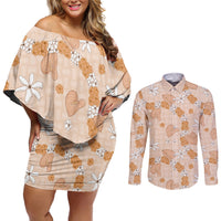 Hawaii Anthurium Tiare Pikake Lei Couples Matching Off Shoulder Short Dress and Long Sleeve Button Shirt Alani Lauhala Art Pattern