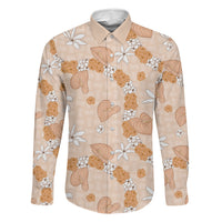 Hawaii Anthurium Tiare Pikake Lei Family Matching Off The Shoulder Long Sleeve Dress and Hawaiian Shirt Alani Lauhala Art Pattern LT01 Dad's Shirt - Long Sleeve Orange - Polynesian Pride