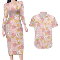 Hawaii Anthurium Tiare Pikake Lei Couples Matching Long Sleeve Bodycon Dress and Hawaiian Shirt Akala Lauhala Art Pattern LT01 Pink - Polynesian Pride