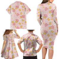 Hawaii Anthurium Tiare Pikake Lei Family Matching Long Sleeve Bodycon Dress and Hawaiian Shirt Akala Lauhala Art Pattern