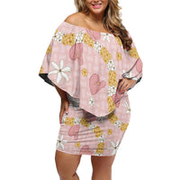 Hawaii Anthurium Tiare Pikake Lei Family Matching Off Shoulder Short Dress and Hawaiian Shirt Akala Lauhala Art Pattern LT01 Mom's Dress Pink - Polynesian Pride