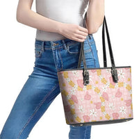 Hawaii Anthurium Tiare Pikake Lei Leather Tote Bag Akala Lauhala Art Pattern LT01 - Polynesian Pride