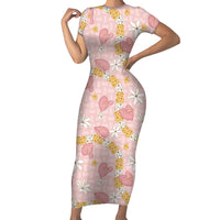 Hawaii Anthurium Tiare Pikake Lei Short Sleeve Bodycon Dress Akala Lauhala Art Pattern