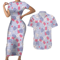 Hawaii Anthurium Tiare Pikake Lei Couples Matching Short Sleeve Bodycon Dress and Hawaiian Shirt Poni Lauhala Art Pattern LT01 Purple - Polynesian Pride