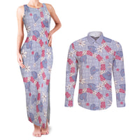 Hawaii Anthurium Tiare Pikake Lei Couples Matching Tank Maxi Dress and Long Sleeve Button Shirt Poni Lauhala Art Pattern LT01 Purple - Polynesian Pride