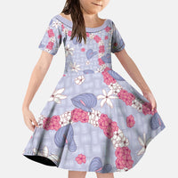 Hawaii Anthurium Tiare Pikake Lei Family Matching Off The Shoulder Long Sleeve Dress and Hawaiian Shirt Poni Lauhala Art Pattern LT01 Daughter's Dress Purple - Polynesian Pride