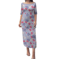Hawaii Anthurium Tiare Pikake Lei Family Matching Puletasi and Hawaiian Shirt Poni Lauhala Art Pattern LT01 Mom's Dress Purple - Polynesian Pride