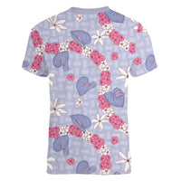 Hawaii Anthurium Tiare Pikake Lei Women V-Neck T-Shirt Poni Lauhala Art Pattern
