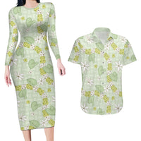 Hawaii Anthurium Tiare Pikake Lei Couples Matching Long Sleeve Bodycon Dress and Hawaiian Shirt Sage Green Lauhala Art Pattern LT01 Green - Polynesian Pride
