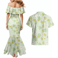 Hawaii Anthurium Tiare Pikake Lei Couples Matching Mermaid Dress and Hawaiian Shirt Sage Green Lauhala Art Pattern LT01 - Polynesian Pride