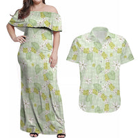 Hawaii Anthurium Tiare Pikake Lei Couples Matching Off Shoulder Maxi Dress and Hawaiian Shirt Sage Green Lauhala Art Pattern LT01 Green - Polynesian Pride