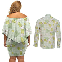 Hawaii Anthurium Tiare Pikake Lei Couples Matching Off Shoulder Short Dress and Long Sleeve Button Shirt Sage Green Lauhala Art Pattern LT01 - Polynesian Pride