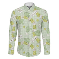 Hawaii Anthurium Tiare Pikake Lei Family Matching Off The Shoulder Long Sleeve Dress and Hawaiian Shirt Sage Green Lauhala Art Pattern
