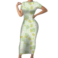 Hawaii Anthurium Tiare Pikake Lei Family Matching Short Sleeve Bodycon Dress and Hawaiian Shirt Sage Green Lauhala Art Pattern