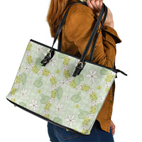Hawaii Anthurium Tiare Pikake Lei Leather Tote Bag Sage Green Lauhala Art Pattern