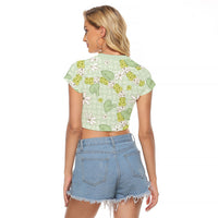 Hawaii Anthurium Tiare Pikake Lei Raglan Cropped T Shirt Sage Green Lauhala Art Pattern
