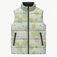 Hawaii Anthurium Tiare Pikake Lei Sleeveless Puffer Jacket Sage Green Lauhala Art Pattern LT01 Unisex Green - Polynesian Pride