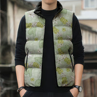 Hawaii Anthurium Tiare Pikake Lei Sleeveless Puffer Jacket Sage Green Lauhala Art Pattern LT01 - Polynesian Pride
