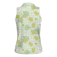 Hawaii Anthurium Tiare Pikake Lei Women Sleeveless Polo Shirt Sage Green Lauhala Art Pattern LT01 - Polynesian Pride