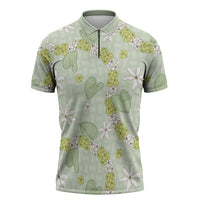 Hawaii Anthurium Tiare Pikake Lei Zipper Polo Shirt Sage Green Lauhala Art Pattern