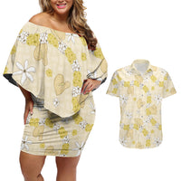 Hawaii Anthurium Tiare Pikake Lei Couples Matching Off Shoulder Short Dress and Hawaiian Shirt Melemele Lauhala Art Pattern LT01 Yellow - Polynesian Pride