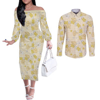 Hawaii Anthurium Tiare Pikake Lei Couples Matching Off The Shoulder Long Sleeve Dress and Long Sleeve Button Shirt Melemele Lauhala Art Pattern LT01 Yellow - Polynesian Pride