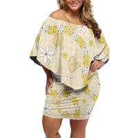 Hawaii Anthurium Tiare Pikake Lei Off Shoulder Short Dress Melemele Lauhala Art Pattern LT01 Women Yellow - Polynesian Pride