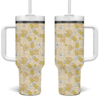 Hawaii Anthurium Tiare Pikake Lei Tumbler With Handle Melemele Lauhala Art Pattern LT01 One Size: 40 oz Yellow - Polynesian Pride