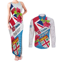 Fiji Day Couples Matching Tank Maxi Dress and Long Sleeve Button Shirts Fijian Hibiscus Special Version LT01 White - Polynesian Pride