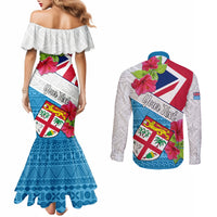 Personalised Fiji Day Couples Matching Mermaid Dress and Long Sleeve Button Shirts Fijian Hibiscus Special Version LT01 - Polynesian Pride