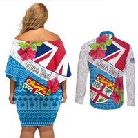 Personalised Fiji Day Couples Matching Off Shoulder Short Dress and Long Sleeve Button Shirts Fijian Hibiscus Special Version LT01 - Polynesian Pride
