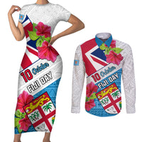 Personalised Fiji Day Couples Matching Short Sleeve Bodycon Dress and Long Sleeve Button Shirts Fijian Hibiscus Special Version LT01 White - Polynesian Pride