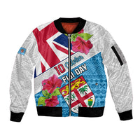 Personalised Fiji Day Sleeve Zip Bomber Jacket Fijian Hibiscus Special Version LT01 Unisex White - Polynesian Pride