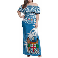 Fiji Family Matching Off Shoulder Maxi Dress and Hawaiian Shirt Bula Fijian Tapa Pattern LT01 Mom's Dress Blue - Polynesian Pride