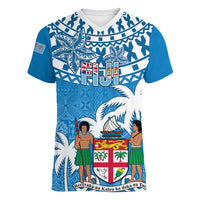 Personalised Fiji Women V Neck T Shirt Bula Fijian Tapa Pattern LT01 Female Blue - Polynesian Pride
